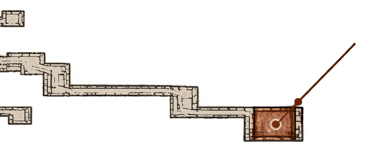 Detail of the drawing: a narrow tunnel winds away from the shaft and ends at a small chamber drawn in ochre.