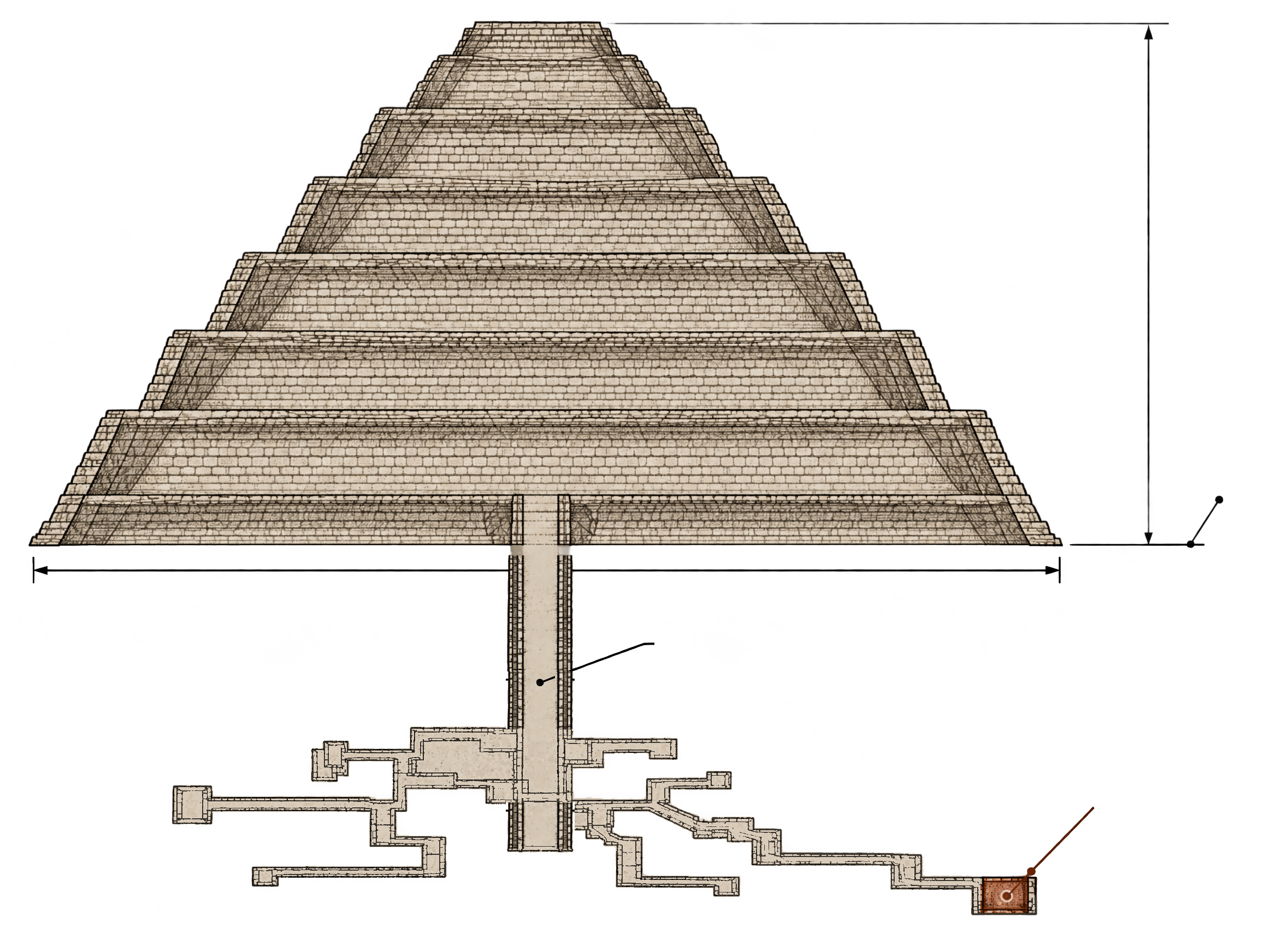 An architect's section through the Step Pyramid of Djoser. A shaft drops from beneath the pyramid into the bedrock, where a maze of tunnels branches out. One tunnel winds far to the right and ends at a small chamber, the only part drawn in ochre.
